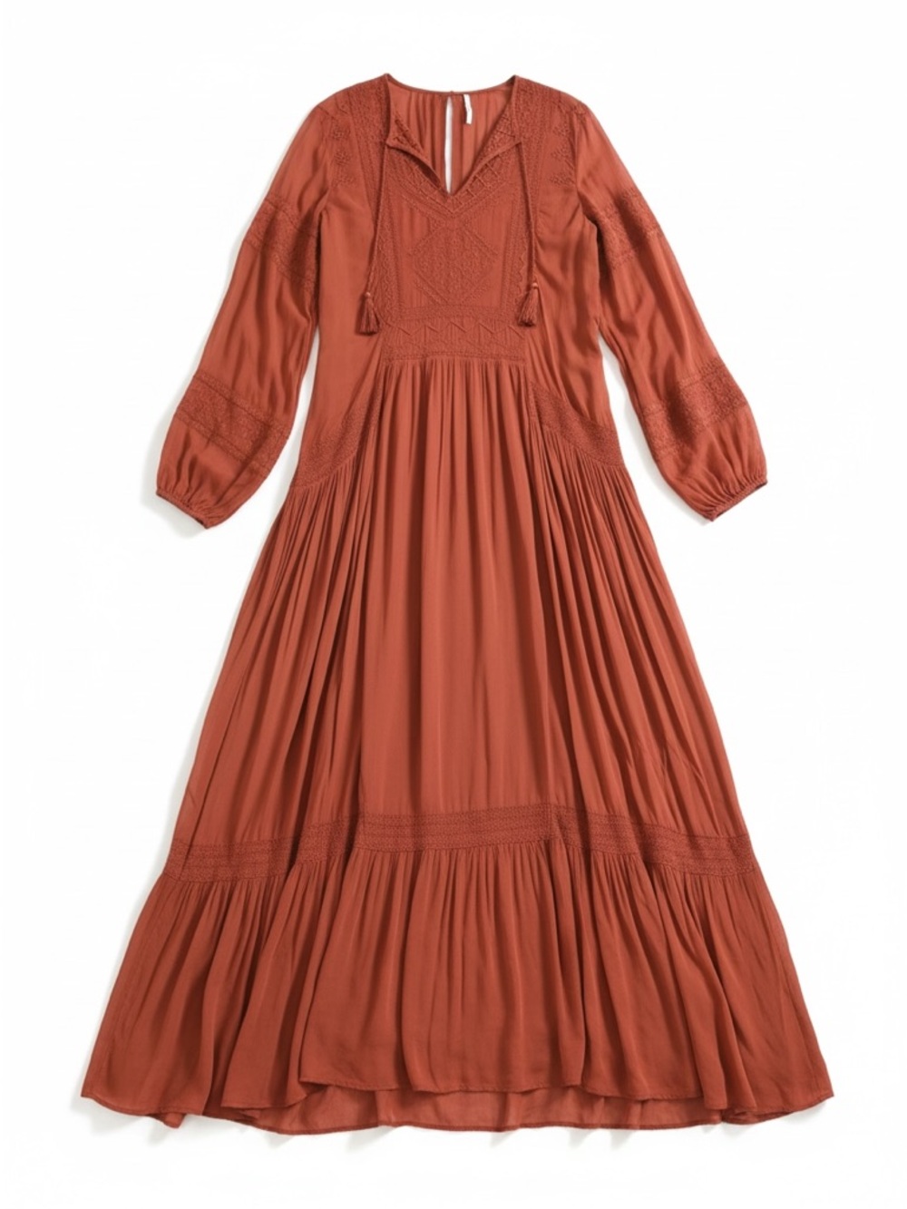 Free People Relaxed Boho Maxi Dress Embroidered Tassel Long Sleeve Rust Womens L